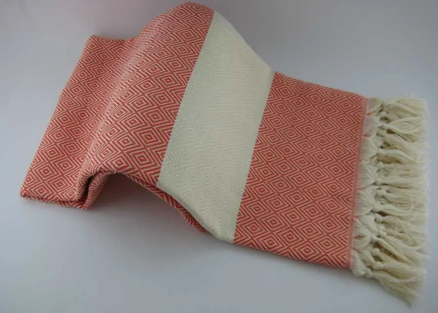 Coral and cream striped peshtemal with knotted fringe